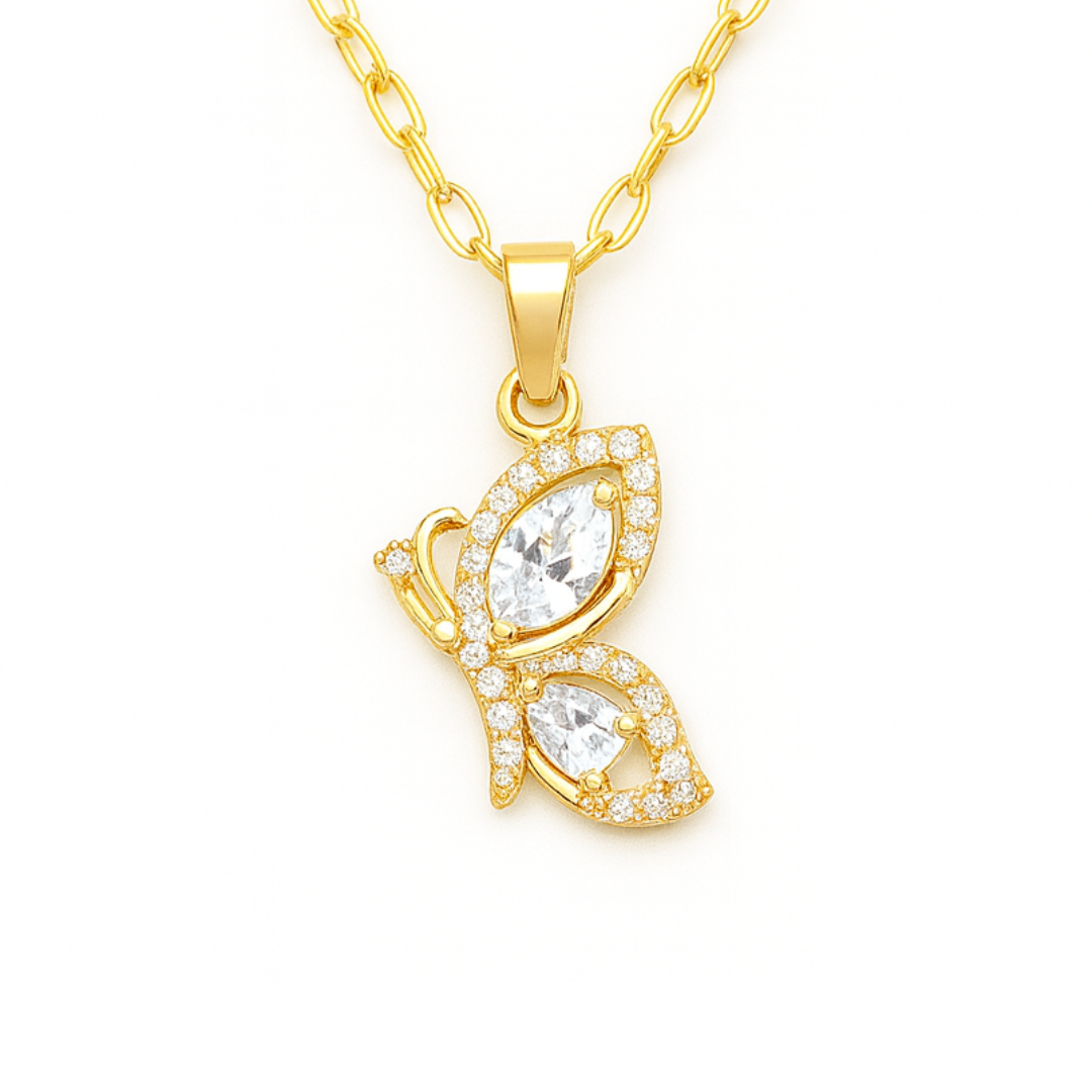 White Crystal Butterfly Pendant with Golden Chain